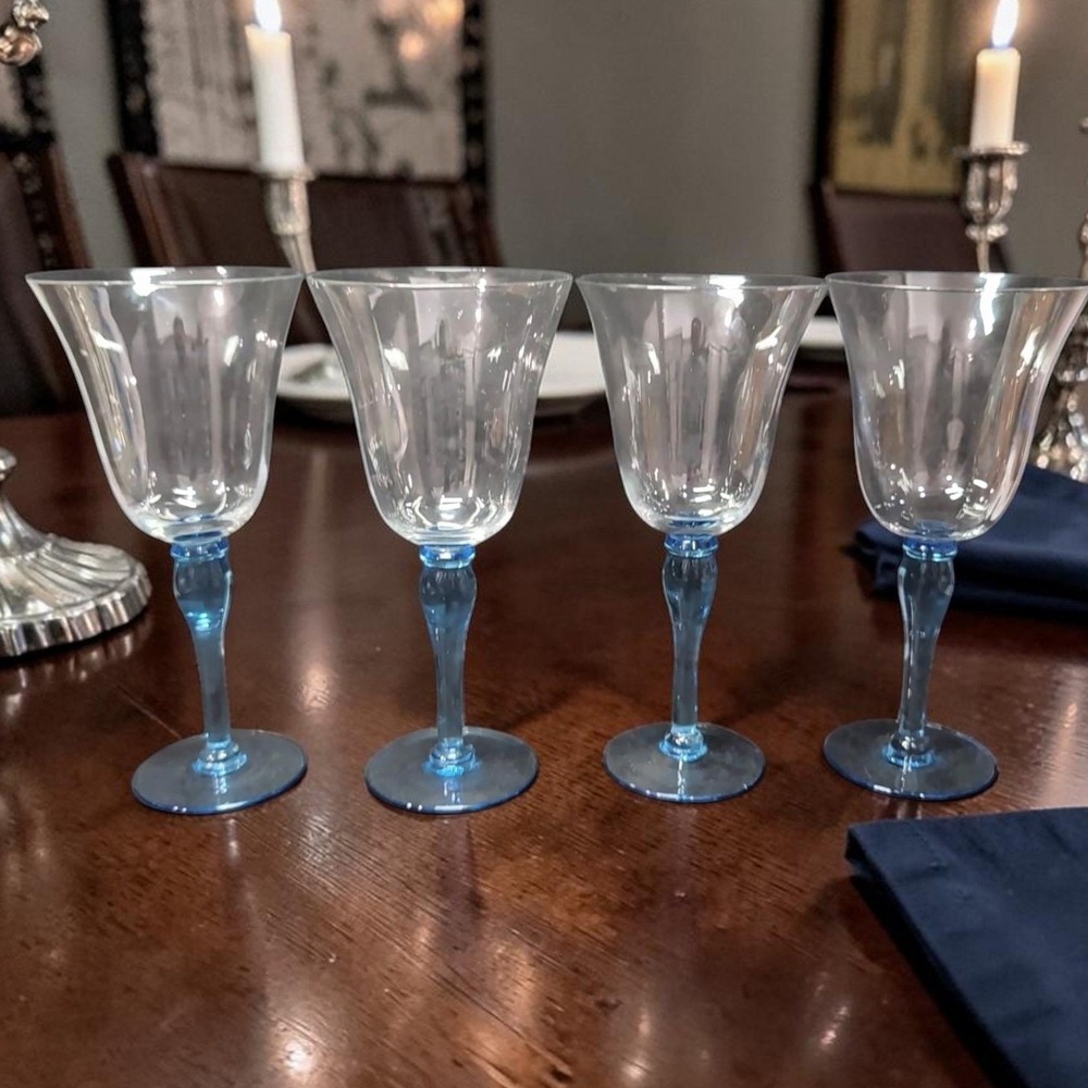 Block Hand‎ Blown Blue Melody Goblets, Set of 4, Vintage Optic Stemware Glasses